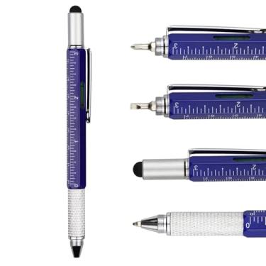 Imagem de Caneta Stylus 6 em 1 DunBong Metal Multi Tools Pen – com chave de fenda, chave de fenda Phillips, chave de fenda de ponta plana, caneta esferográfica de tinta preta, caneta Stylus, nível de bolha e régua, Azul
