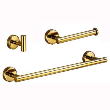 Imagem de Conjunto de acessórios para banheiro de ouro brilhante, barra de toalha de aço inoxidável 304, suporte para papel higiênico, gancho, kit de prateleira para banheiro, conjunto de 3 peças B