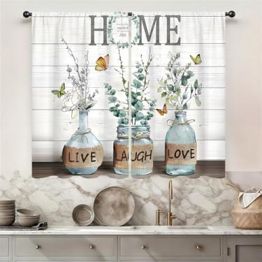 Imagem de Cortina de cozinha de folhas verdes de eucalipto 66 cm L x 91 cm 2 painéis com bolso de haste fazenda country vintage retrô rústico de madeira pequena curta cortina de camada de café cortina de janela