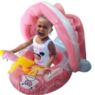 Imagem de Kit bote inflavel Boia infantil bebê 12 meses com proteção contra sol cobertura solar para piscina praia verão + brinquedo pistola d'agua presente menino natal menina 1 ano dia das crianças (Rosa)