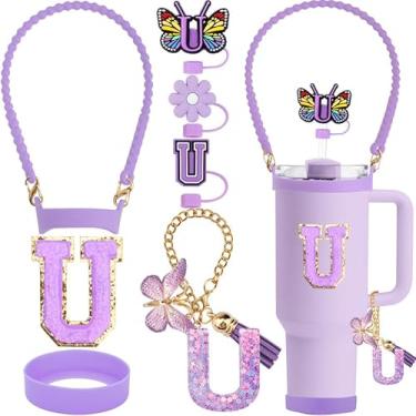 Imagem de ZYBIDEAL Conjunto de acessórios roxos de 8 peças para Stanley Cup, 3 peças de canudo de 10 mm, alça de silicone para garrafa de água, bota para Stanley 30 e 1,134 g, corrente com pingente de letra,