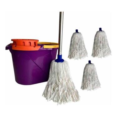 Imagem de Conjunto 4 Refil Mop Com Cabo 1,48mt+ Balde 14lt Espremedor - Roma