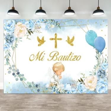 Imagem de ASDCXZ 2,4 x 1,8 m Mi Bautizo pano de fundo fotográfico primeira comunhão batismo fundo azul flor dourada pomba anjo Deus abençoe banner decorações Mi Primera Comunion retrato cabine de fotos adereço