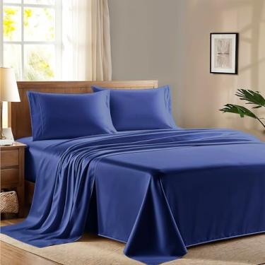 Imagem de Ashton Sheets Jogo de lençol casal 100% algodão egípcio - Conjunto de lençóis de algodão egípcio 600 fios para cama de casal (4 peças, azul marinho), macio, refrescante, lençol de cetim com bolso