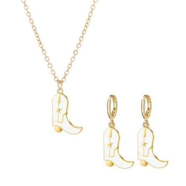 Imagem de Dreuyet Conjunto de brincos e colar de botas de vaqueira para mulheres e meninas delicados moda ocidental botas de cowboy colar de corrente banhado a ouro 14K chapéu de cowboy colar pingente colar estilo ocidental joias presente, Metal, Sem Pedra Preciosa