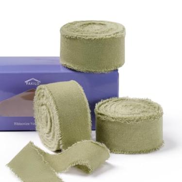 Imagem de FAKILIO Fita de algodão verde sálvia com bordas desgastadas 2,5 cm x 4,7 m, fita de tecido rústico artesanal 100% natural para buquês de casamento vintage, convites, chá de bebê, embrulho de presente