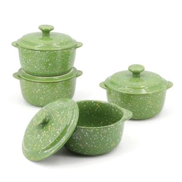Imagem de Mini caçarola de cerâmica segura para forno (283 g cada) - com tampas e alças - Ideal para suflê, sopa, sapateiro, ramequins de grés para porções individuais, verde