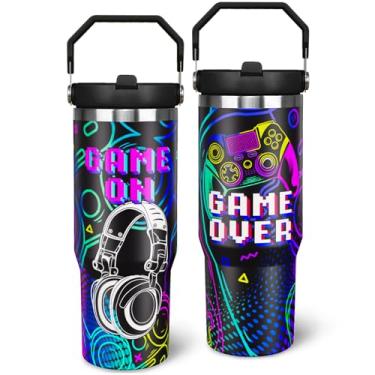 Imagem de thmasamwr Copo de jogo com alça, copo de garrafa de água para jogadores de 850 g com tampa e canudo, canecas de café de viagem para jogos, presentes de aniversário para amantes de jogos