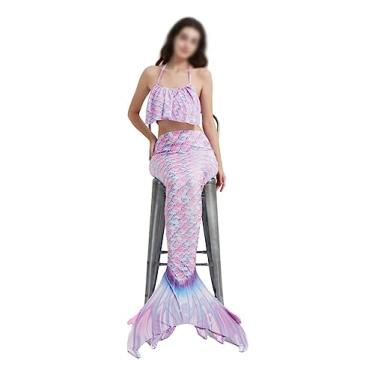 Imagem de LVTFCO Vestido de princesa cauda de peixe de liga de sereia, fantasia de 3 peças, fantasia de Halloween, fantasia de desempenho de sereia, rosa - M