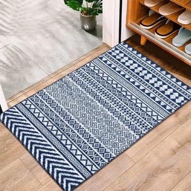 Imagem de dainslef Tapete moderno para área pequena, tapete lavável 5 x 10 cm, tapete neutro, geométrico, antiderrapante, para cozinha, entrada, banheiro, para sala de estar, quarto, azul marinho