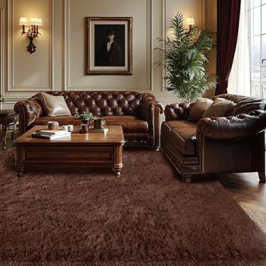 Imagem de Tapetes para sala de estar 7 x 10: Tapete marrom ultra fofo antiderrapante para quarto, sala de estar, escritório em casa, escritório, tapete felpudo macio para decoração de casa (marrom 18 x 3 pés)