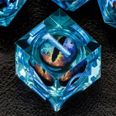 Imagem de ORIFANTOU Dragon Eye Dice Set Liquid Core DND Dice with Box, Blue Sharp Edge Polyhedral Dice Set Resin Transparent D and D Dice for Dungeons and Dragons RPG Role Playing Games Handmade D&D Dice