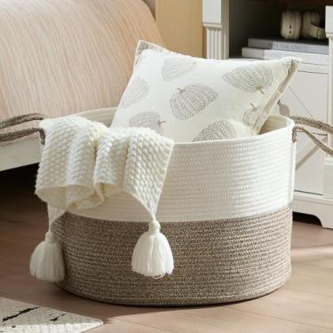 Imagem de luxury little XXXL Nursery Storage Basket, 22 x 22 x 14 inches - 100% Cotton Rope Basket with Handles, Laundry Basket for Toys, Blankets and Pillows - Off White & Beige