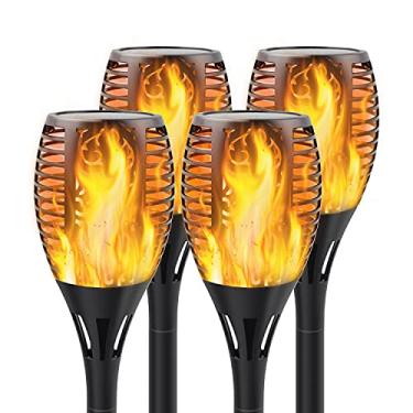 Imagem de Lanterna solar permanente com chama cintilante, luz de jardim com efeito de fogo, liga e desliga automaticamente a poeira ao amanhecer, decoração de gramado à prova d'água, luz de vara alimentada por energia solar, segurança para pátio., Preto, 23inch, 4