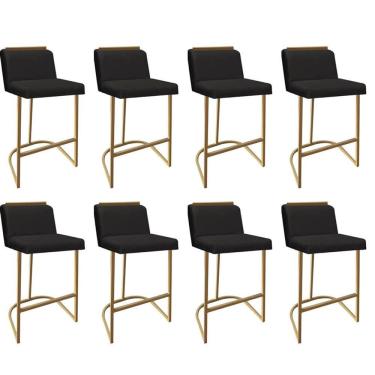 Imagem de Kit 08 Banquetas Com Encosto Confort Bistrô Cozinha Ferro Dourado Suede Preto Amey Decor