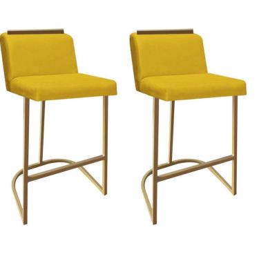 Imagem de Kit 02 Banquetas Com Encosto Confort Bistrô Cozinha Ferro Dourado Suede Amarelo Amey Decor