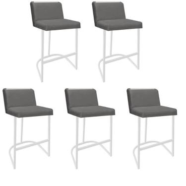 Imagem de Kit 05 Banquetas Com Encosto Confort Bistrô Cozinha Ferro Branco Suede Cinza Amey Decor
