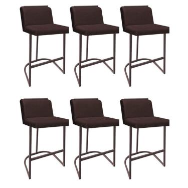 Imagem de Kit 06 Banquetas Com Encosto Confort Bistrô Cozinha Ferro Marrom Suede Marrom Amey Decor