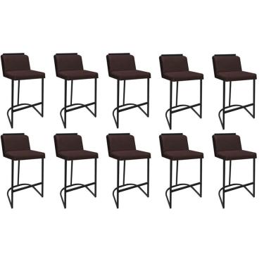 Imagem de Kit 10 Banquetas Com Encosto Confort Bistrô Cozinha Ferro Preto Suede Marrom Amey Decor