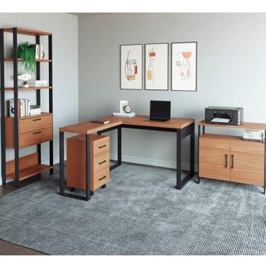 Imagem de Kit 4 Peças 100% MDF Com Escrivaninha Em L Estante Para Livros Gaveteiro E Armário Multiuso Baixo Freijó Preto