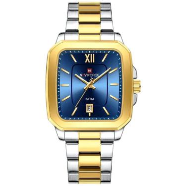 Imagem de Relógio De Quartzo Masculino Casual Mostrador Quadrado Em Aço Inoxidável Impermavel Azul Dourado