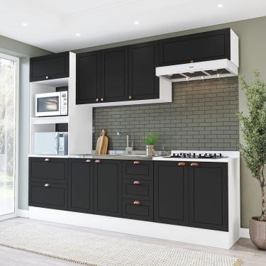 Imagem de Cozinha Pérola Com Rodapé 5 Peças Torre Quente Aéreo 3 Portas Balcão 120 Balcão 80 E Basculante Branco/preto