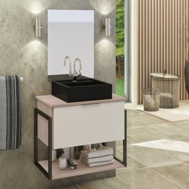 Imagem de Conjunto Tech 60cm Madeirado Branco Cuba Preta