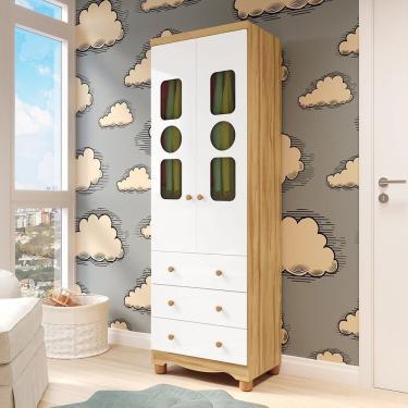 Imagem de Guarda-roupa Infantil 61,7cm 2 Portas 3 Gavetas Com Janelas E Pés Ezra 100% Mdf Espresso Móveis Branco-amêndoa