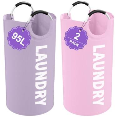 Imagem de IHOMAGIC 2 peças de cesto de roupa suja dobrável de 95L, cesto de roupa grande com alças macias, cesta de roupas sujas independentes, cestos de roupas de tecido Oxford resistentes para viagens