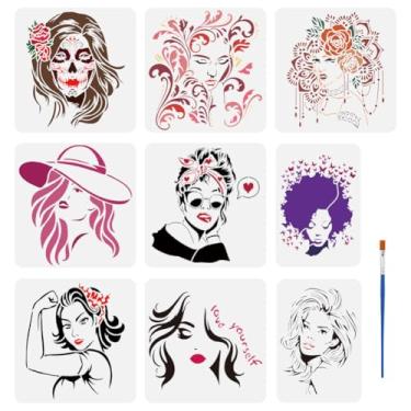 Imagem de FINGERINSPIRE 9 peças de estênceis femininos com um pincel, 9 estilos, estampa de rosto feminino, estêncil, mandala, beleza, modelo reutilizável de tema de personagem de PET para móveis de parede de
