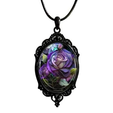 Imagem de IQIC Colar gótico de vidro rosa para mulheres, colar com pingente de morcego, corrente de corda, colares de gato preto, gargantilha de sol e lua, estilo punk escuro, conjunto de colares de camafeu