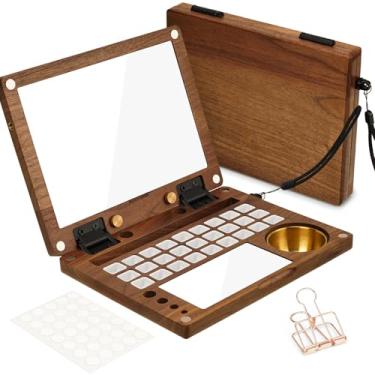 Imagem de LIGHTWISH paleta de aquarela de madeira lightwish, caixa de paleta multifuncional vazia de nogueira preta que viaja ao ar livre como um cavalete e uma paleta com 27 poços, slot para pincel e