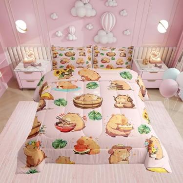 Imagem de Erosebridal Conjunto de edredom casal, capivara, amante de capivara, animais adoráveis, verão, tropical, folhas de palmeira, melancia, decoração floral, kawaii, rosa