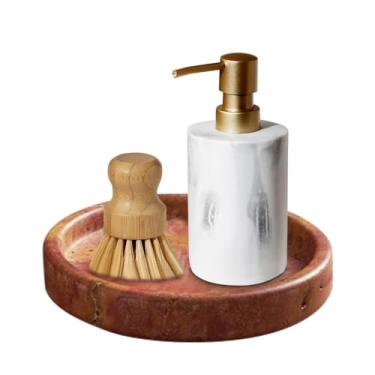 Imagem de XINFUHUA Bandeja de travertino natural para bancada de banheiro e mesa de centro, prato de servir de pedra redonda com acabamento em mármore (vermelho, 15 cm)