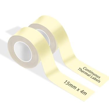 Imagem de RUNSEW Fita adesiva para impressora de etiquetas Phomemo do modelo D30, adesivos contínuos à prova d'água antióleo resistentes a arranhões (15 mm x 4 m, 2 rolos), adequado para casa e escritório