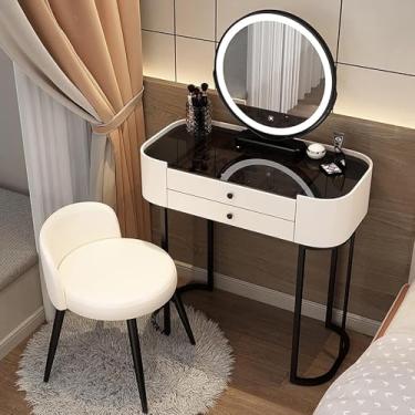 Imagem de Conjunto De Mesa De Maquiagem De Maquiagem,3 Cores De Luz Ajustável De Brilho,mesa De Maquiagem Com Tampo De Vidro Temperado E Armazenamento De Gaveta,banquinho Acolchoado Para Quarto