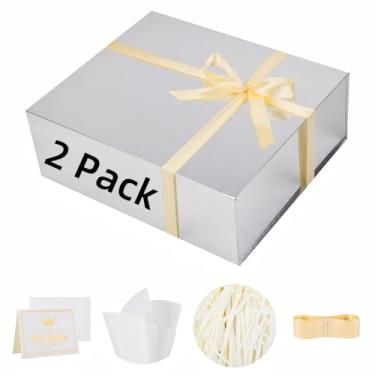 Imagem de Pacote com 2 caixas de presente extra grande prata 43 x 36,8 x 15 cm Caixa de presente luxuosa para presentes com tampa de fecho magnético dobrável, aniversário, Natal, contém cartão, fita, papel de
