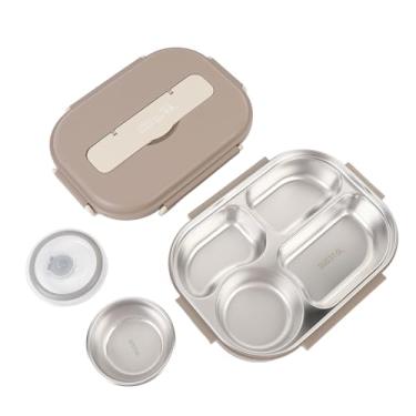 Imagem de AUNMAS 316 Lancheira de Aço Inoxidável, 1500 Ml de Compartimentos Multi -compartamentos à Prova de Vazamentos Contêiner Com Utensílios, Tigela de Sopa para Viagens Escolares de Viagem (Marrom)