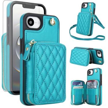 Imagem de Capa de celular para iPhone 16e/SE 2025/SE 4 carteira com protetor de tela de vidro temperado, alça de pulso, bloqueio de RFID, suporte para cartão i Phone16e i16e 16 e SE4 4ª geração 16eCase mulheres