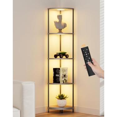 Imagem de Prateleira de canto com luz LED RGBCW, luminária de chão de 164 cm de altura, organizador de estante estreito, prateleiras de pé com poste de metal, rack de armazenamento de exibição para canto de