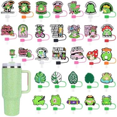 Imagem de 30 peças de tampa de palha de sapo fofo para copo Stanley 1,134 g copo verde decoração de desenhos animados topos de palha a granel reutilizáveis PVC fofos acessórios de canudos DIY cabem protetor de
