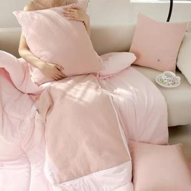 Imagem de Xiamenzcx Combo de travesseiro dobrável 2 em 1 - travesseiro de viagem 100% algodão e cobertor leve para cochilo de escritório, carro, sofá, avião - edredom compacto multiuso para adultos (rosa)