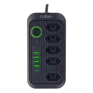 Imagem de Extensão Tomada Elétrica Filtro de linha Régua de Energia 5 Tomadas 4 Interfaces USB 1 Porta USB Tipo-C Cabo 2 metros 110-220V, Potência de 2500W Interruptor Torre Iclamper Preto