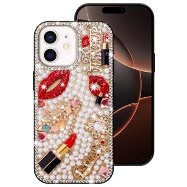 Imagem de Erolagomat Capa brilhante para iPhone 12 e iPhone 12 Pro, capa de telefone brilhante de designer de luxo com glitter brilhante diamante cristal strass lábios batom pérola salto alto, capa amortecedora