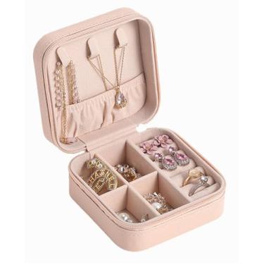 Imagem de Wei Long Organizador de estojo de joias de viagem, caixa de joias pequena portátil, essencial de viagem, presente para mulheres, meninas, colar, anéis e brincos organizador (rosa PU, 10 x 10 x 5 cm)
