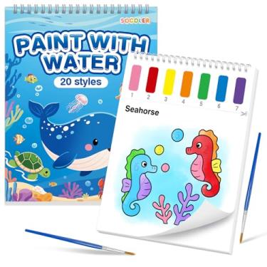 Imagem de SOCOLER Livros de colorir com água para crianças, com tema do mundo do mar, papéis de pintura em aquarela sem bagunça para crianças, kit de pintura de tinta de aquarela, presente artístico para