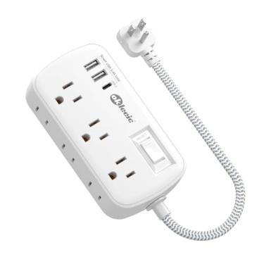 Imagem de Cabo de extensão curto de 30 cm - plugue plano pequeno protetor contra surtos com 6 tomadas, 3 portas USB (5 V/3,4 A 17 W) - divisor de tomada de parede com vários plugues para escritório