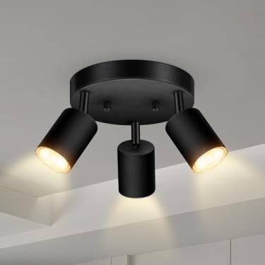 Imagem de Teto de 3 luminárias de trilho de luz, holofote direcional redondo preto fosco para teto/parede GU10, luminária de trilho de LED moderna ajustável para cozinha/sala de estar, sem lâmpada