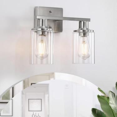 Imagem de Litaddscen Luminária de banheiro de níquel escovado sobre o espelho, luminária de banheiro de 2 luzes com sombra de vidro transparente, arandelas de parede de fazenda moderna para espelho cozinha