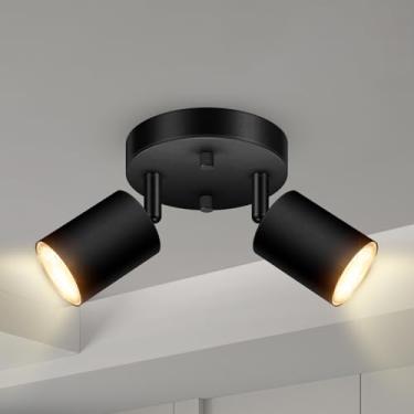 Imagem de Teto de 2 luminárias de trilho de luz, holofote direcional redondo preto fosco, luminária de trilho de montagem embutida GU10, luzes de LED modernas ajustáveis para cozinha/sala de estar, lâmpada não